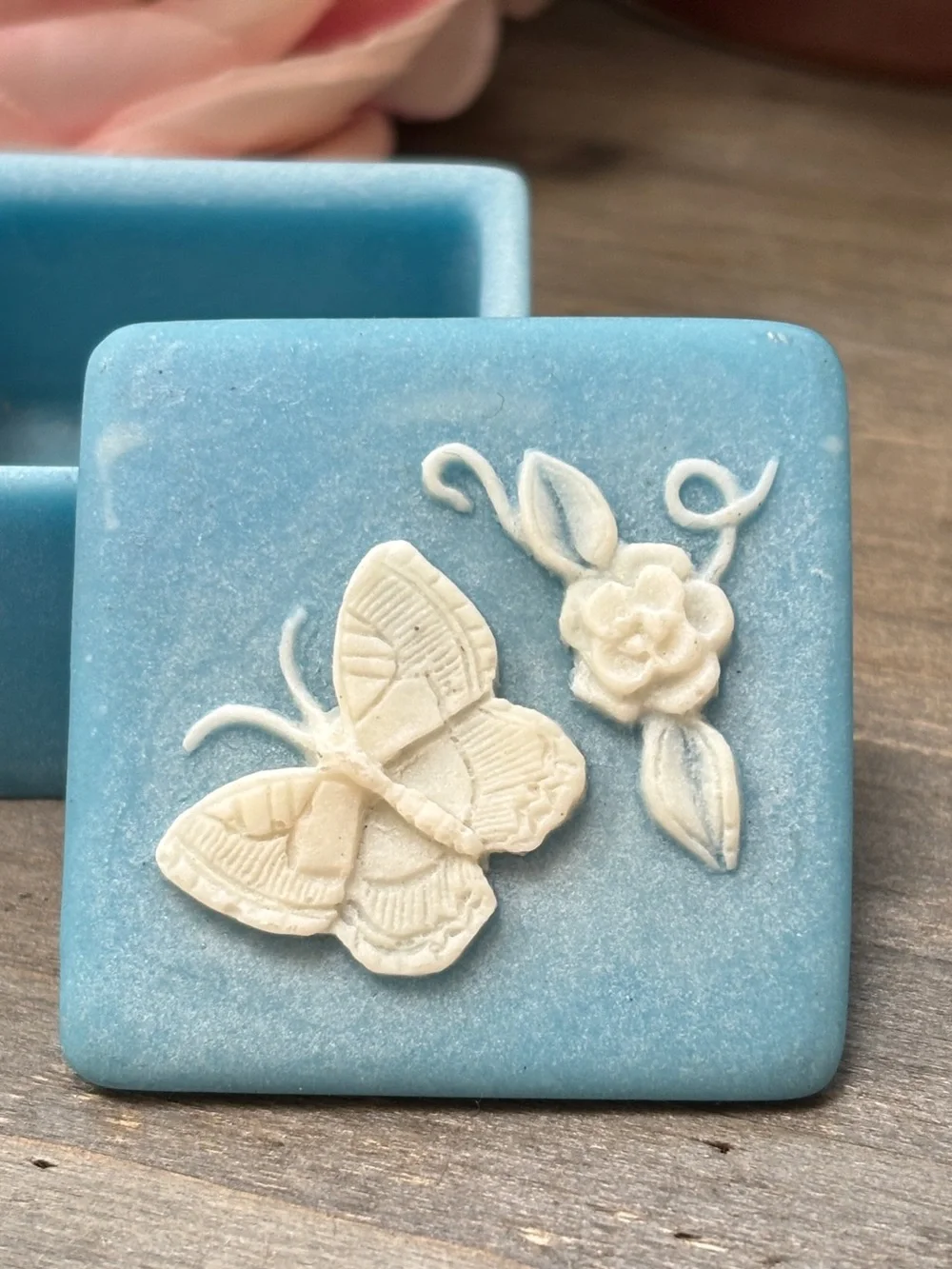 Vintage Incolay Trinket Box Turquoise Blue, 3D White Butterfly Flower